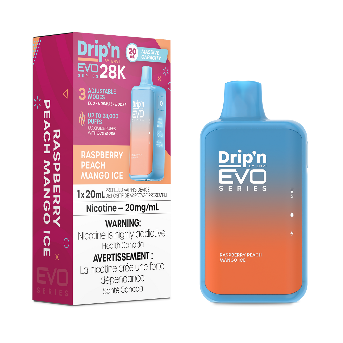 Drip’n EVO 28k Raspberry Peach Mango Ice 20mg/mL Disposable (Provincial)
