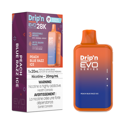 Drip’n EVO 28k Peach Blue Razz Ice 20mg/mL Disposable (Provincial)