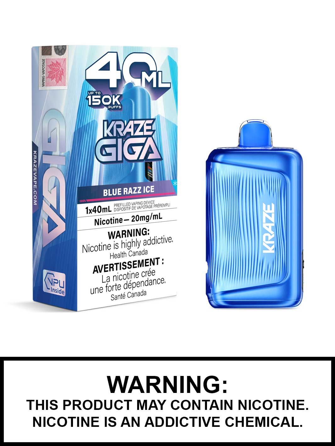 Kraze Giga Blue Razz Ice 150K Puff 20mg/40mL Disposable (Provincial)