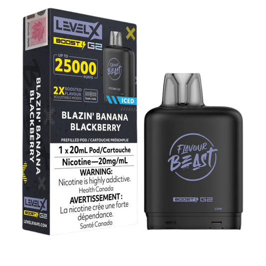 Flavour beast levelX boost pod 15K/25k Blazin’ Banana Blackberry Iced 20mg/mL (provincial)